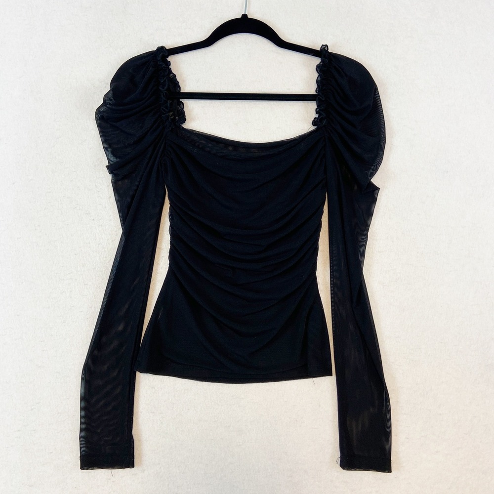 SHEIN Top Black Sheer Ruched Mesh Long Sleeve Y2K Whimsgoth Womens Small Bodycon - Picture 4 of 7